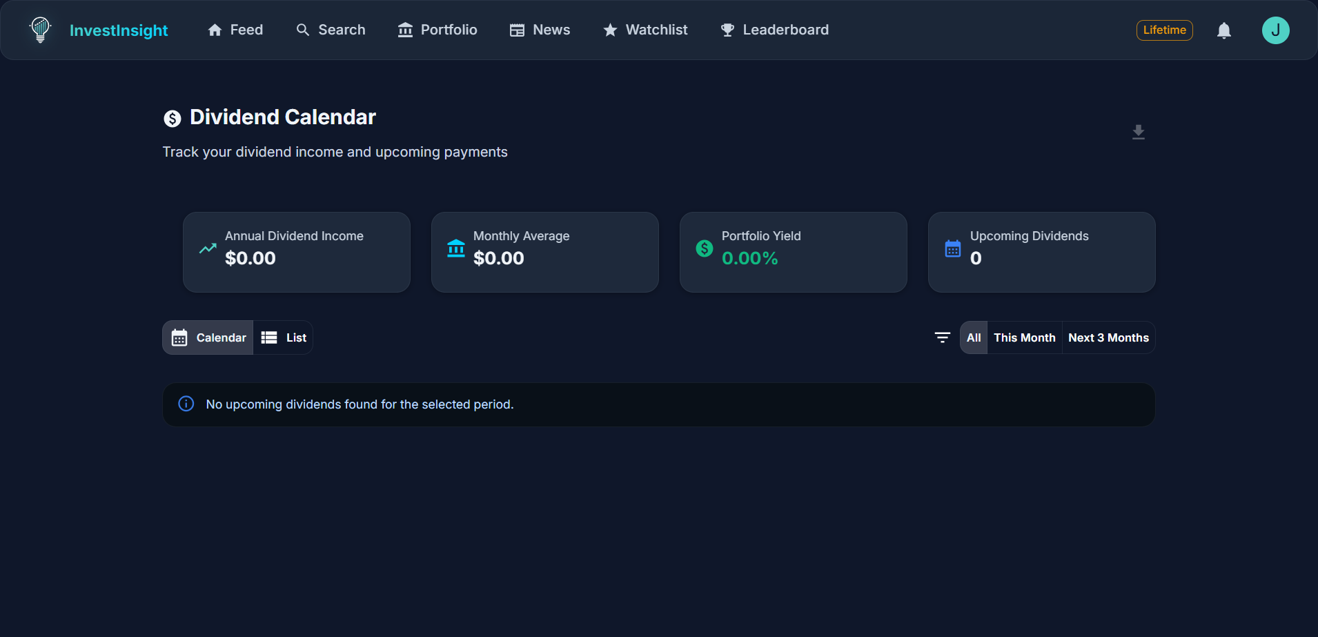 InvestInsight dividend calendar showing annual income, monthly average, portfolio yield, and upcoming payments