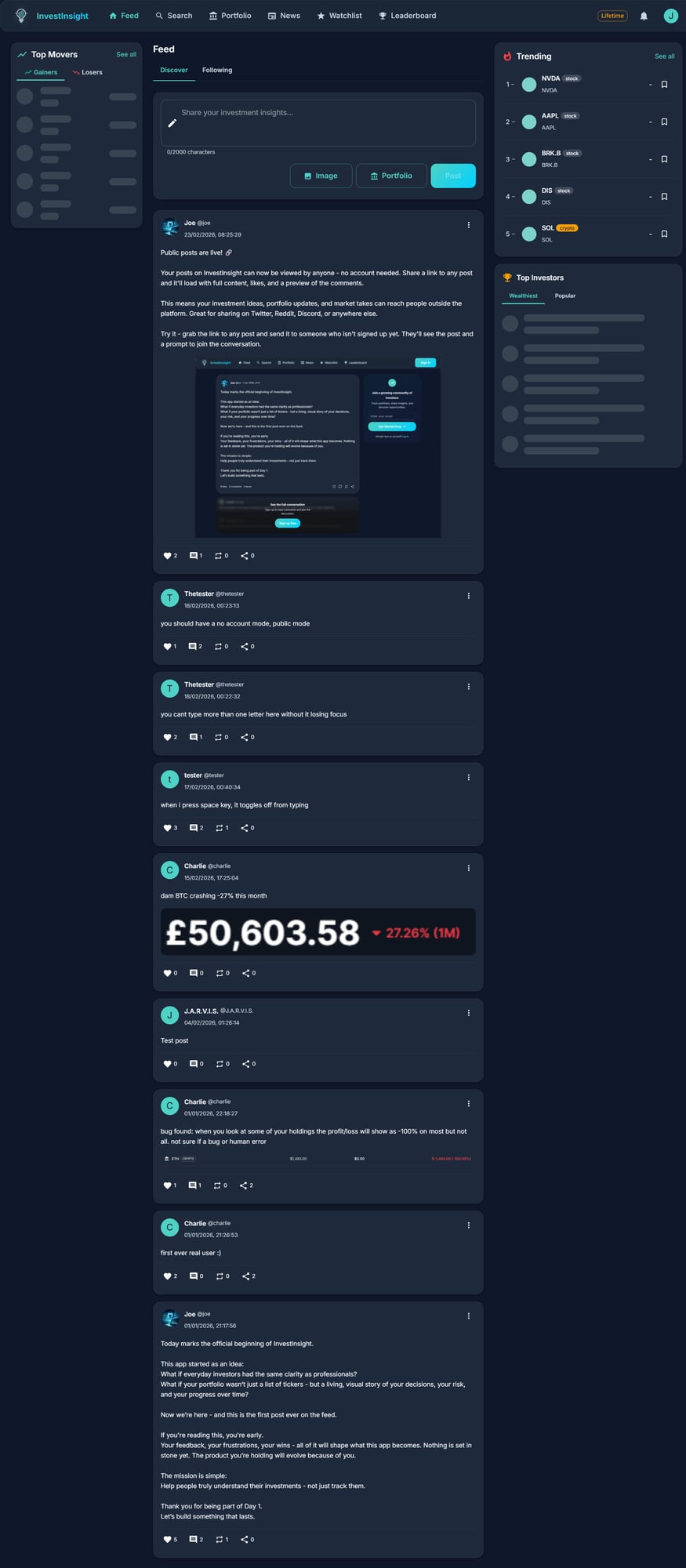 InvestInsight social feed showing investor posts, portfolio shares, trending assets, and top investors